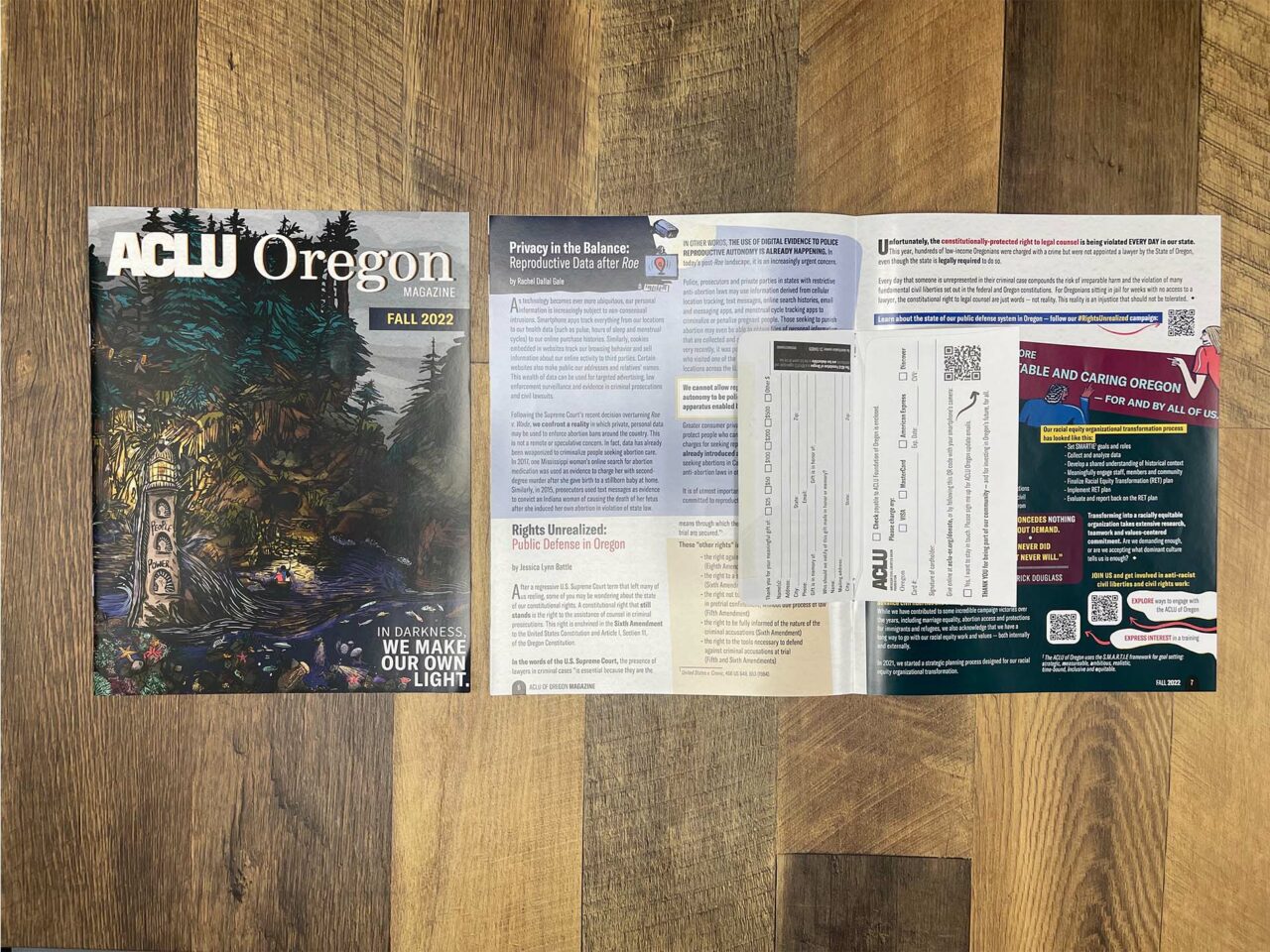 Example of Morel's printing capabilities, showing an issue of the ACLU magazine and fundraising donation return slip