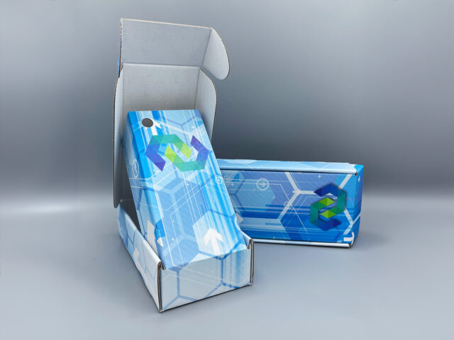 Example of Morel's packaging capabilities, showing a branded cardboard box for their lab diagnostics client.
