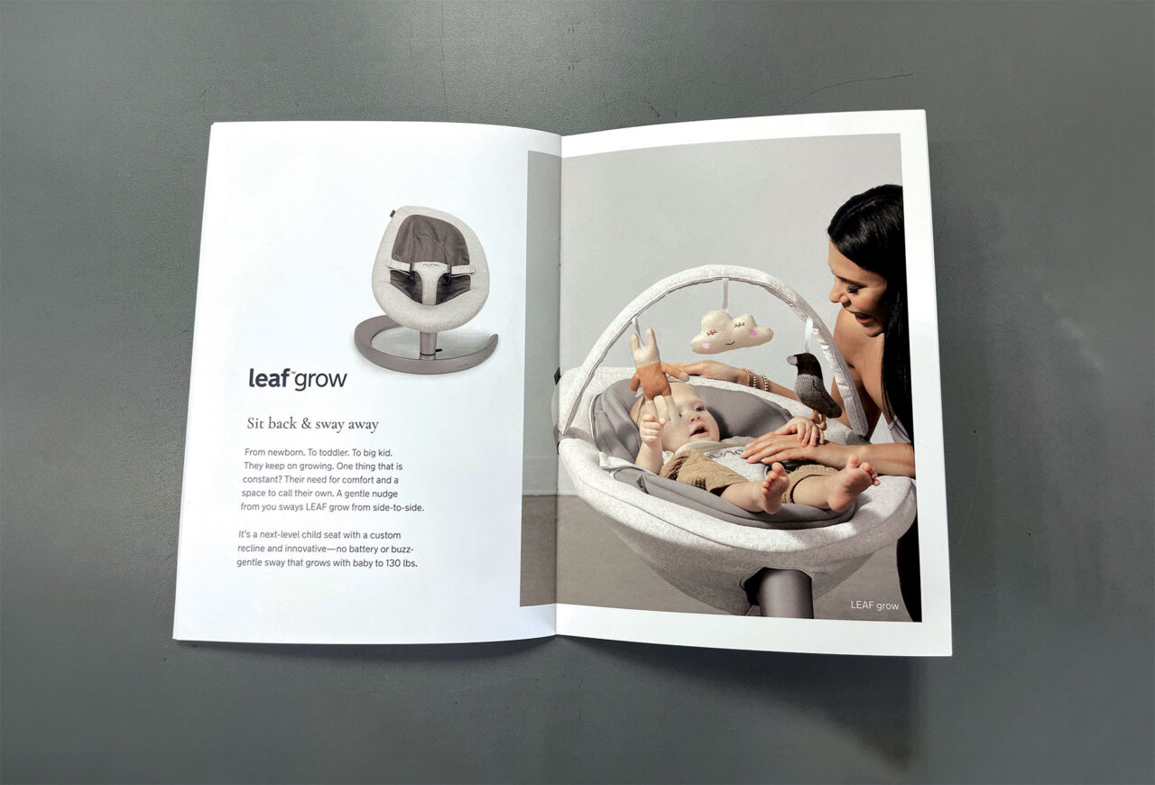 Example of Morel's printing capabilities, showing a custom branded catalog for Nuna Baby