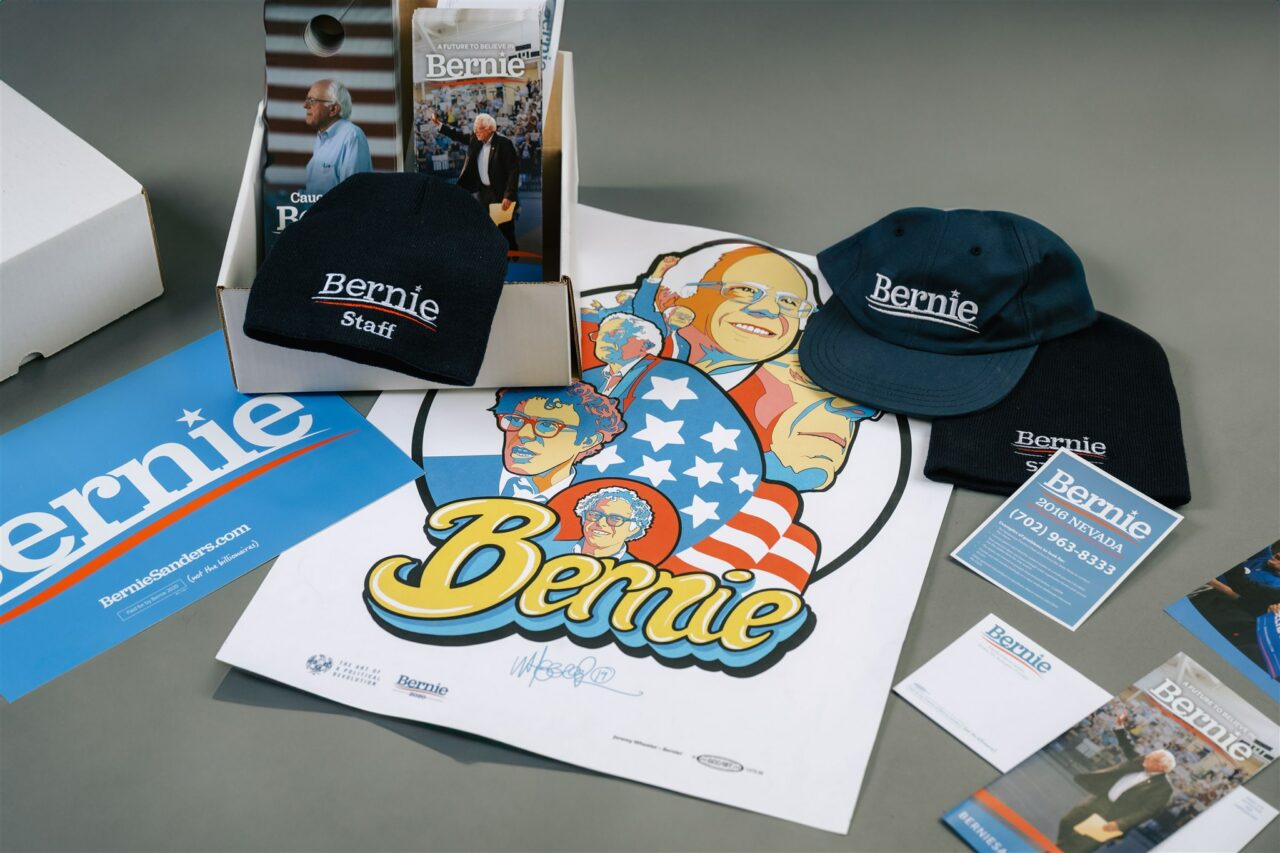 An example of Morel's political, packaging, promotional, and fulfillment capabilities showing custom branded campaign materials for Bernie Sanders