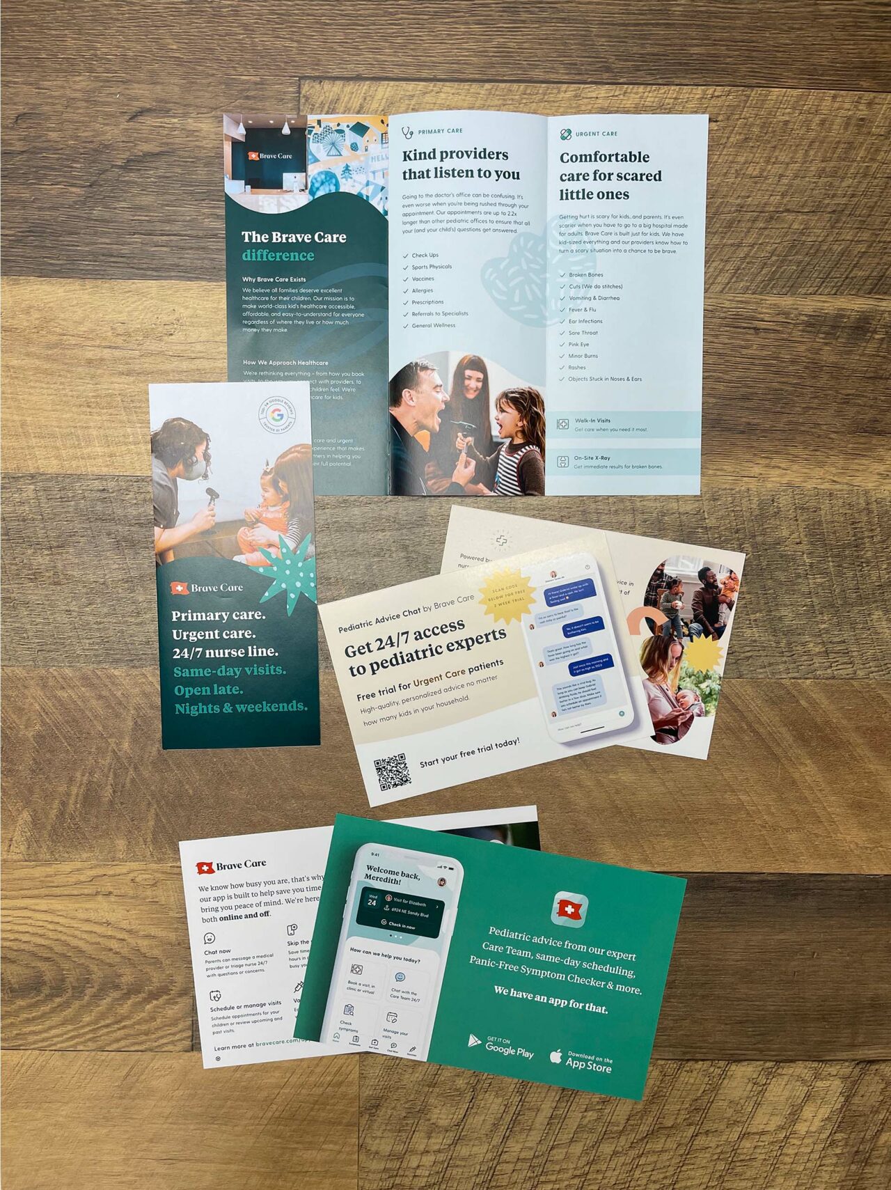 Example of Morel's print capabilities, showing branded brochures and postcards for their client, Brave Care.
