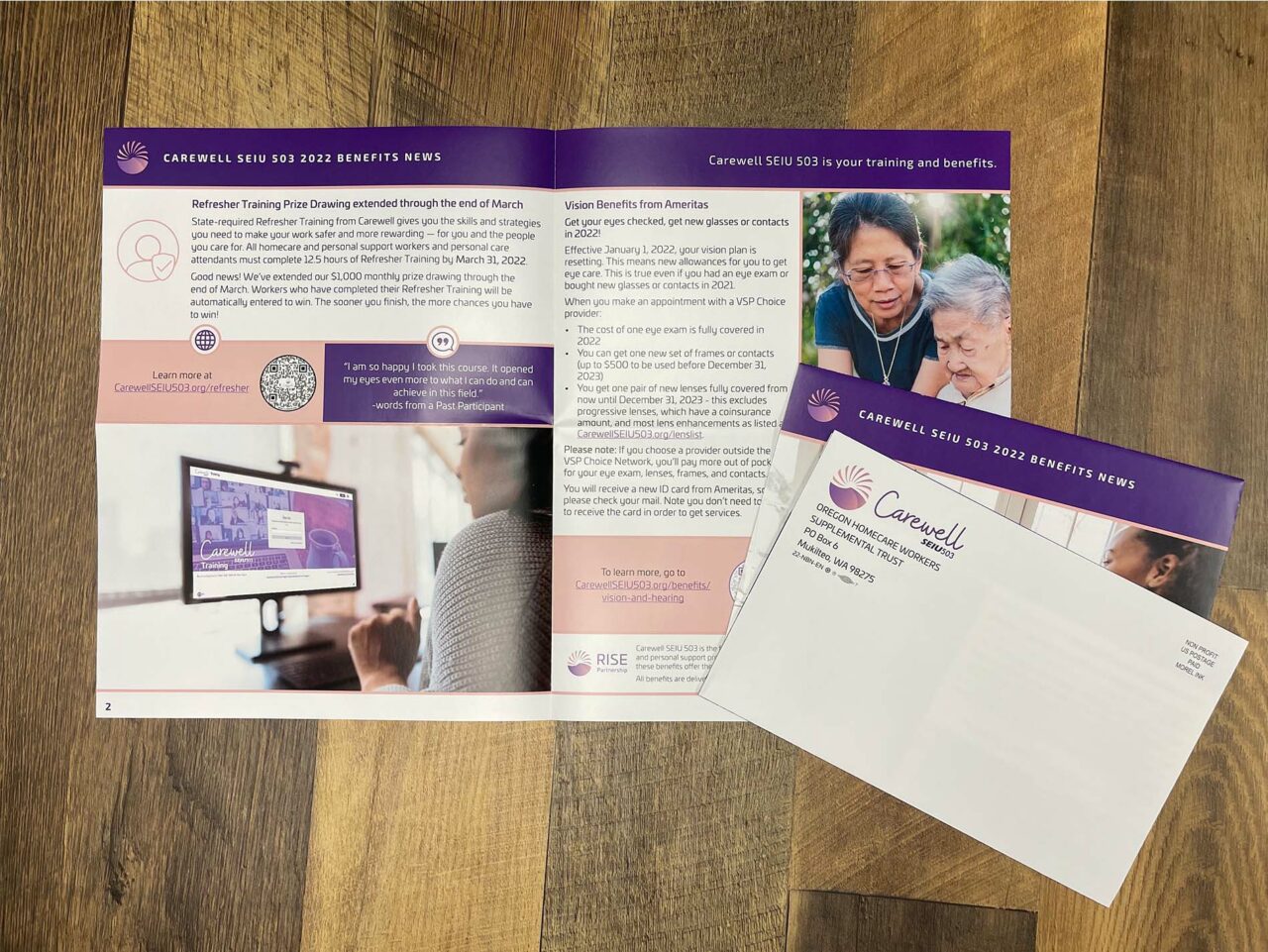 Example of Morel's direct mail and fulfillment capabilities, showing a branded brochure printed in multiple languages for their client, RISE Partnership.